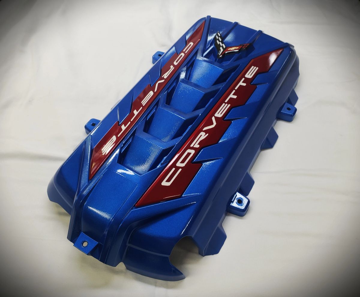 C8 CORVETTE ENGINE COVER ELKHART LAKE BLUE METALLIC GLOSS EDGE RED RAILS